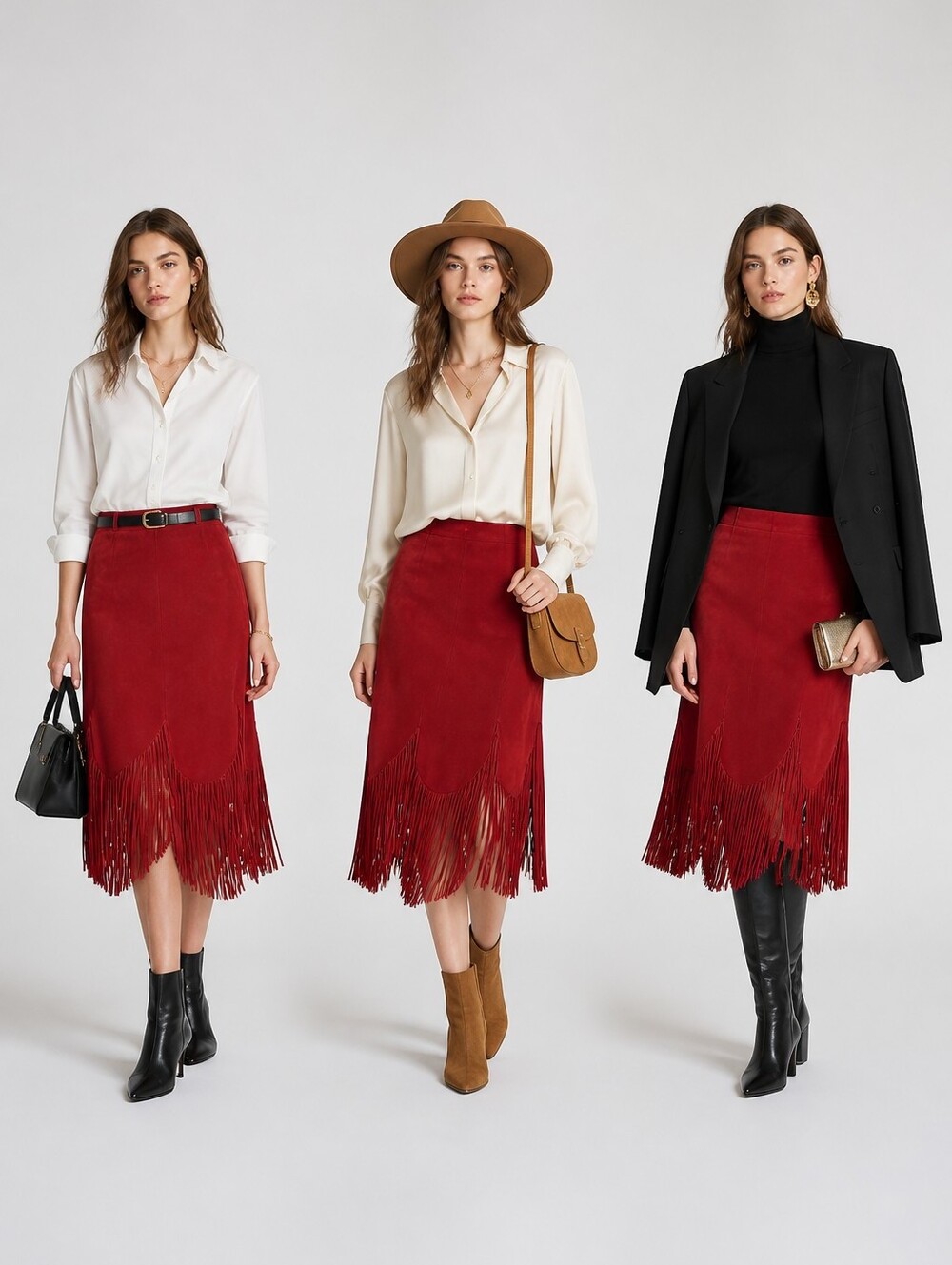 High-Low Red Suede Fringe Skirt - Women
